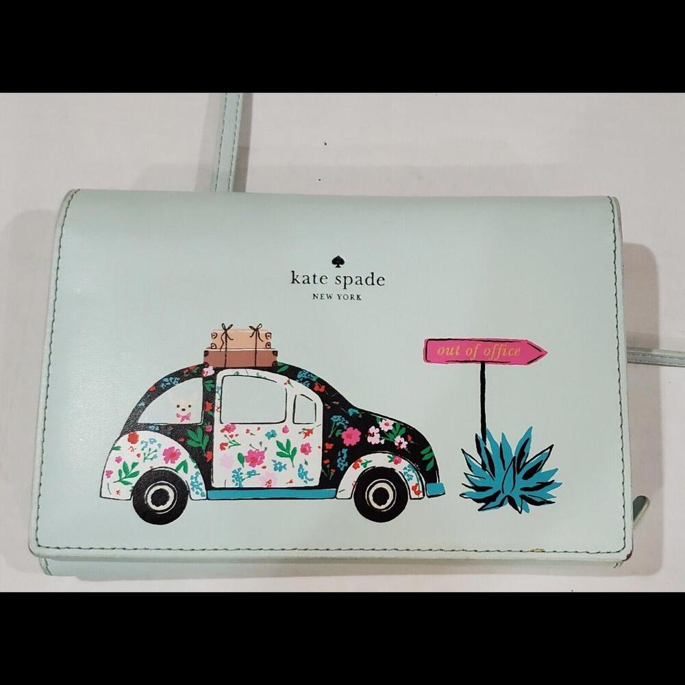Kate Spade Winni Out Of Office Leather Clutch Crossbody VW Bug Blue SOME WEAR